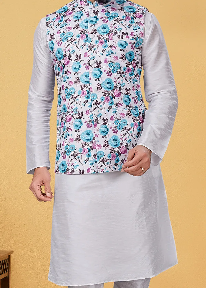 3 Pc White Mandarin Collar Dupion Silk Ethnic Wear Set