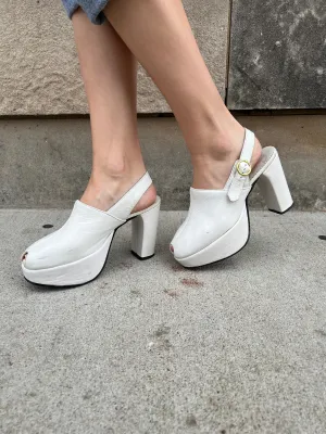 70s White Leather Slingback Platform Shoes, Gino Bellini