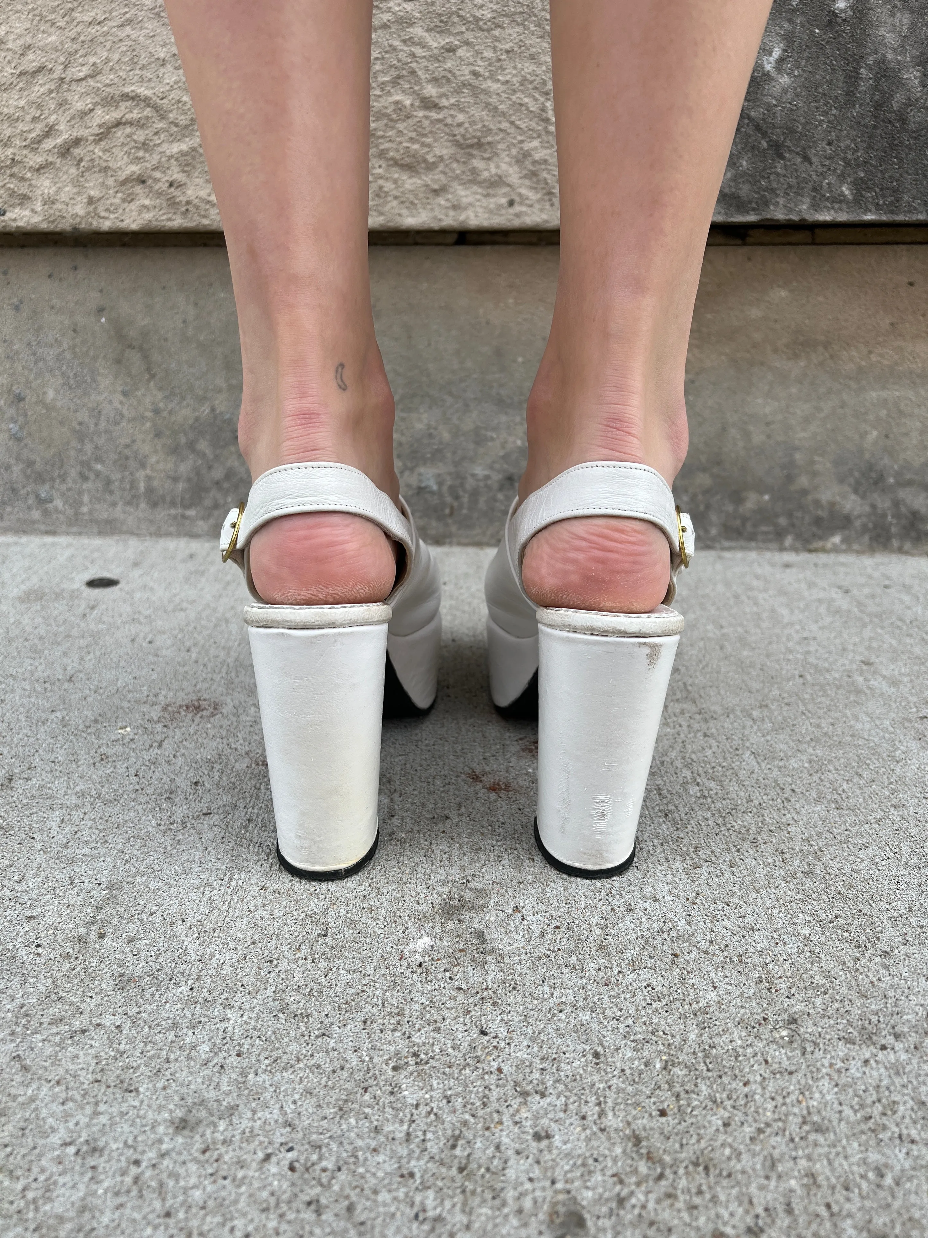 70s White Leather Slingback Platform Shoes, Gino Bellini