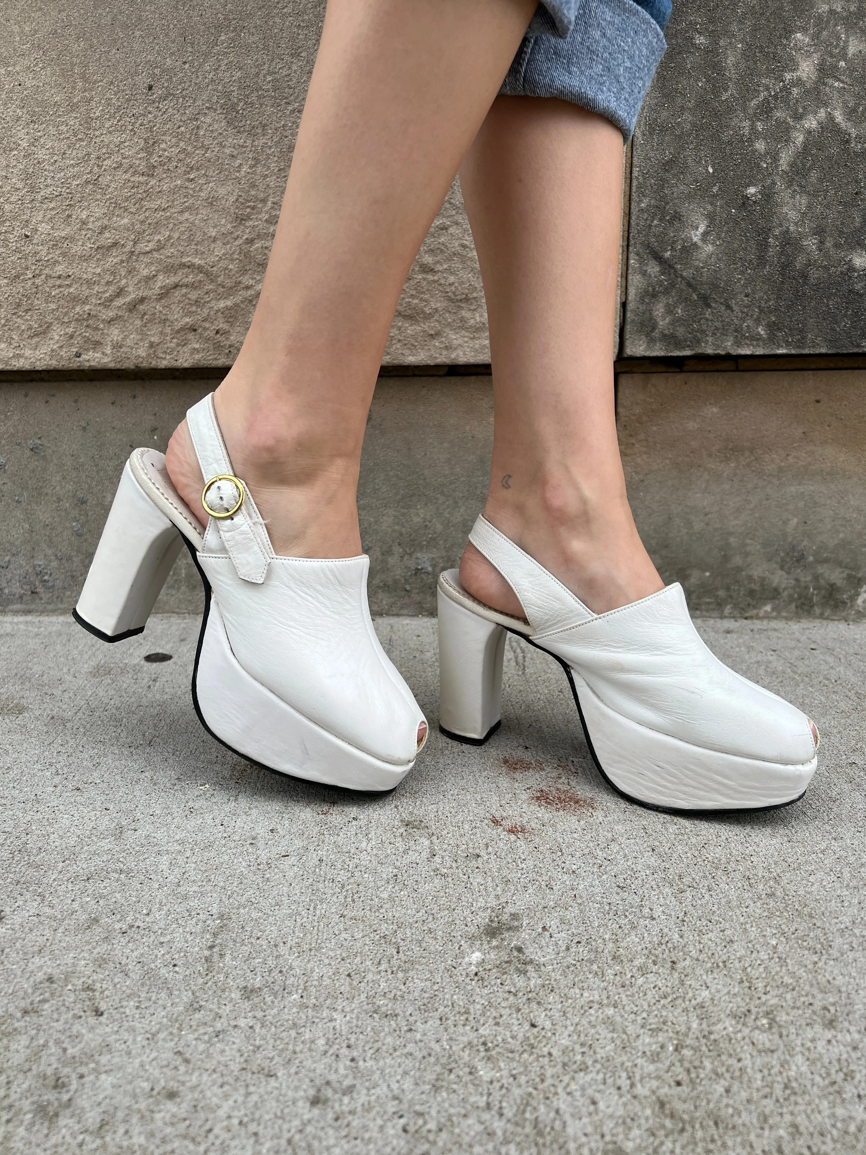 70s White Leather Slingback Platform Shoes, Gino Bellini