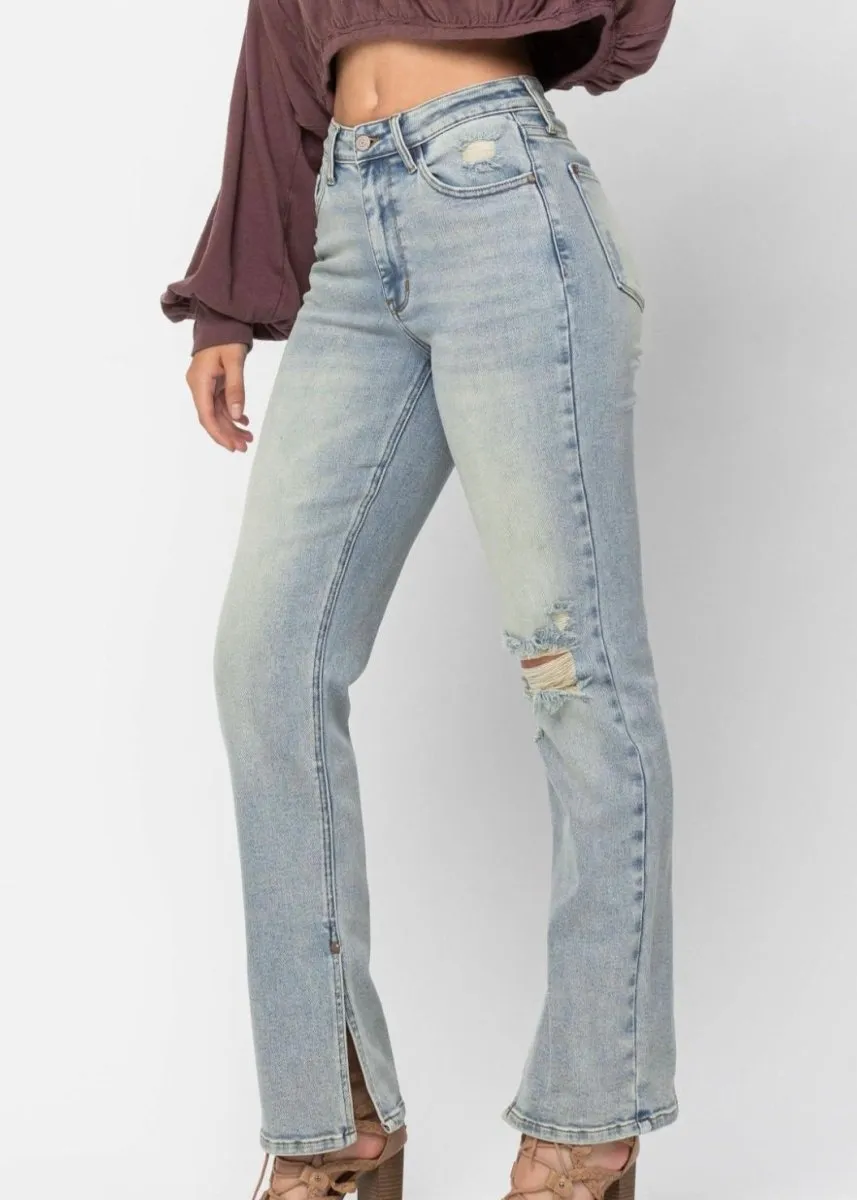 Alcorn High Waist Destroyed Straight with Side Slit Hem | Judy Blue Jeans
