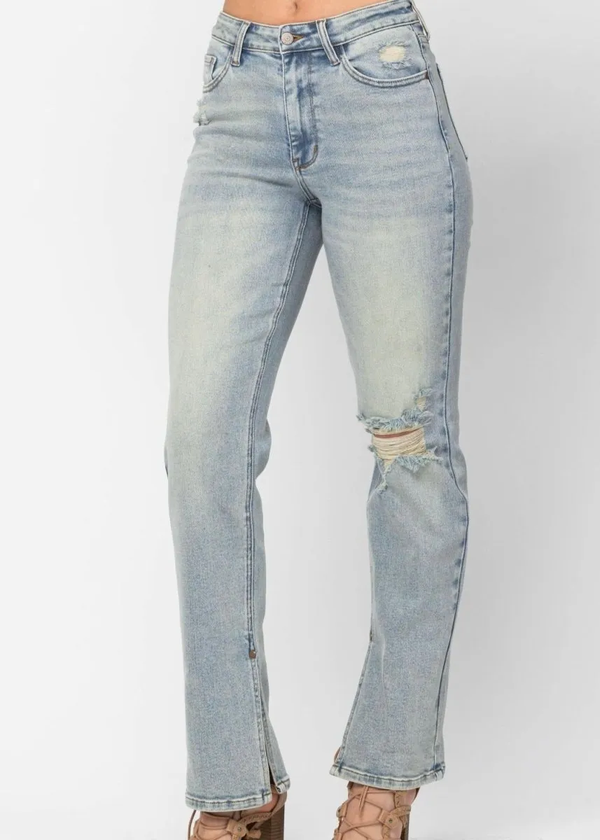 Alcorn High Waist Destroyed Straight with Side Slit Hem | Judy Blue Jeans