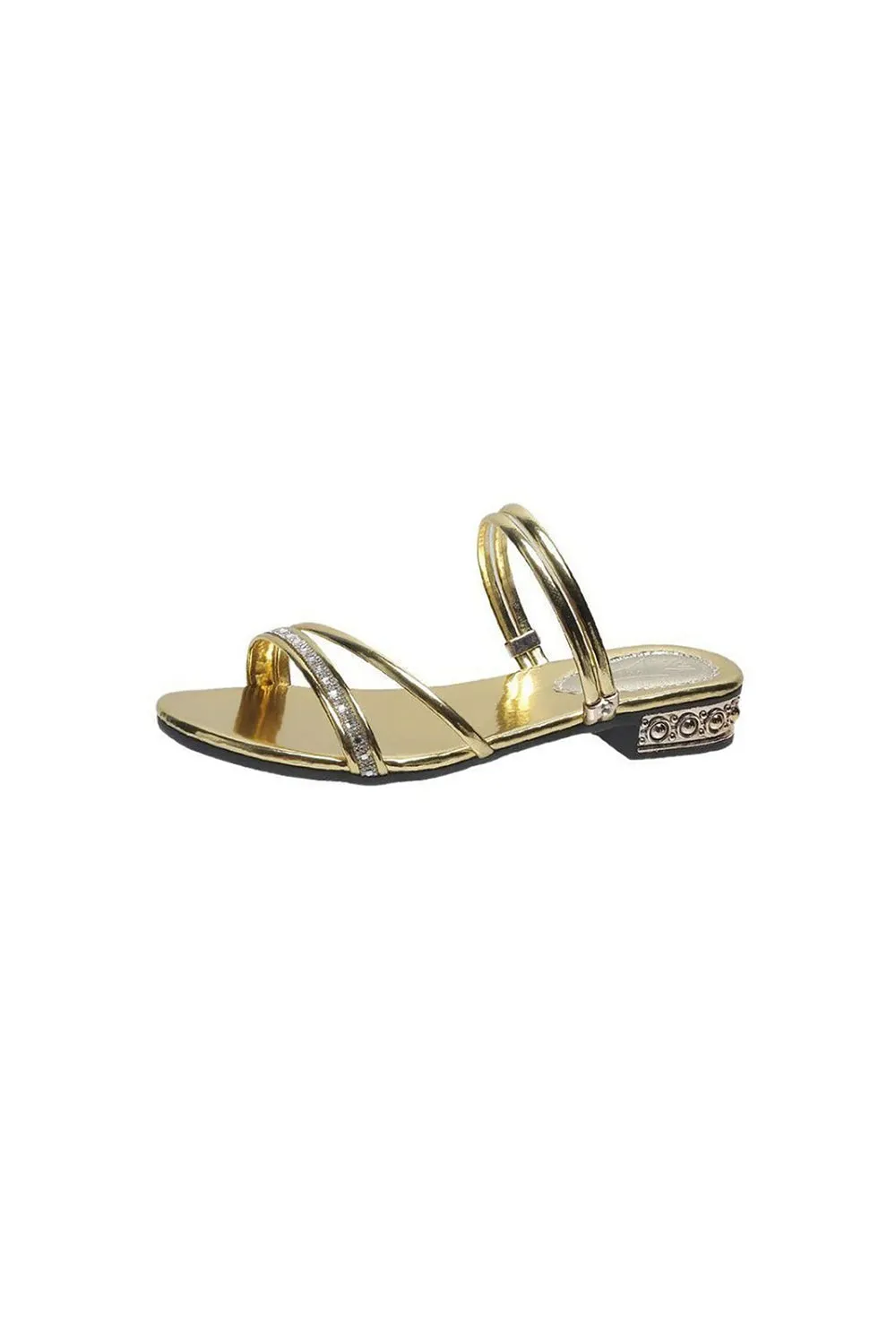 Black Strappy Rhinestones Low Block Heel Sandal