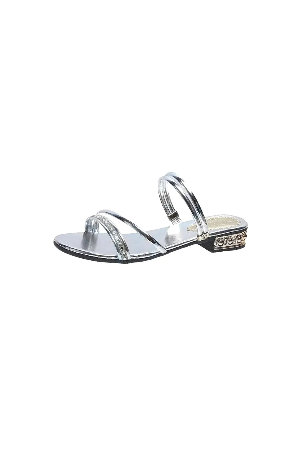 Black Strappy Rhinestones Low Block Heel Sandal
