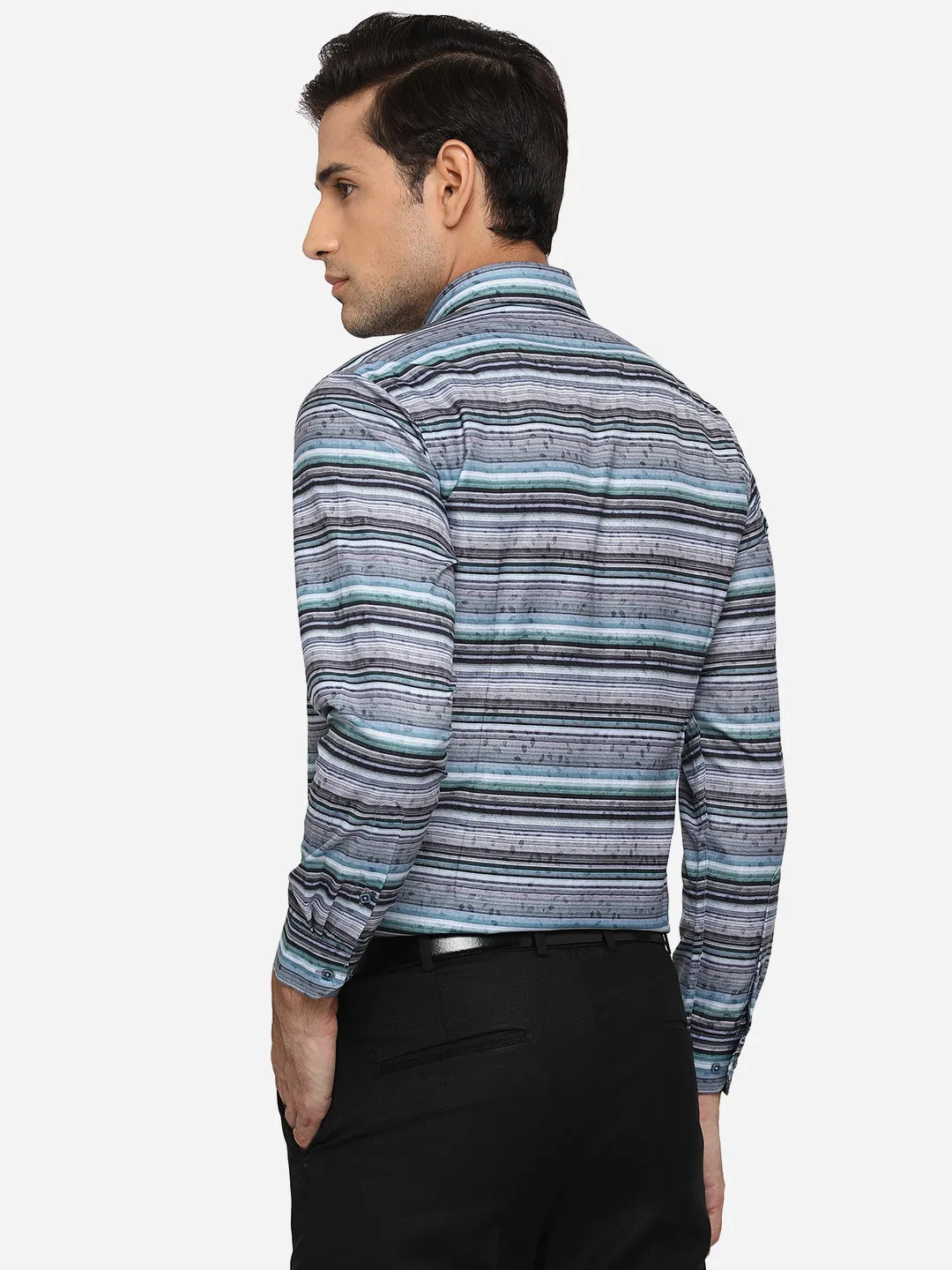 Blue & Grey Printed Slim Fit Party Wear Shirt | Greenfibre