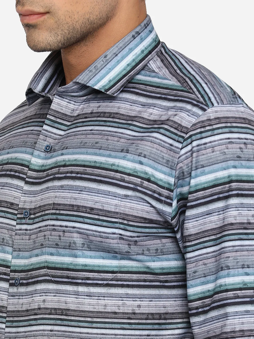 Blue & Grey Printed Slim Fit Party Wear Shirt | Greenfibre