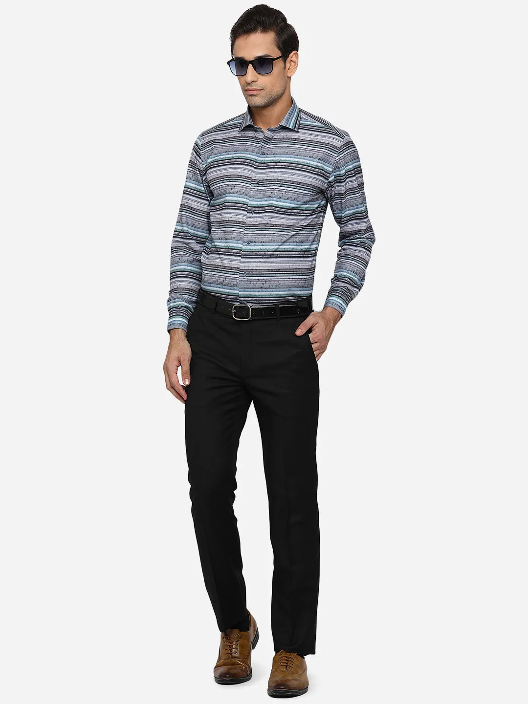 Blue & Grey Printed Slim Fit Party Wear Shirt | Greenfibre
