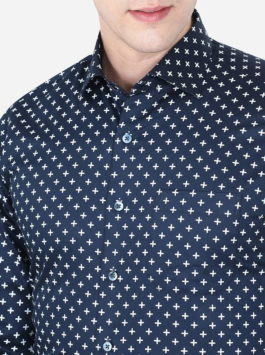 Blue & White Printed Slim Fit Formal Shirt | Metal