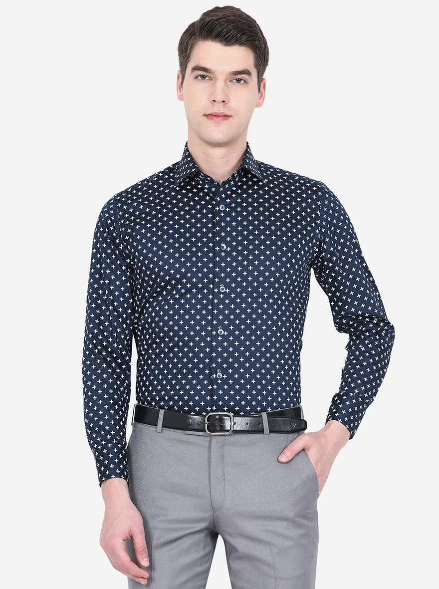 Blue & White Printed Slim Fit Formal Shirt | Metal