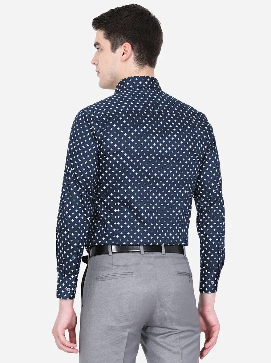 Blue & White Printed Slim Fit Formal Shirt | Metal