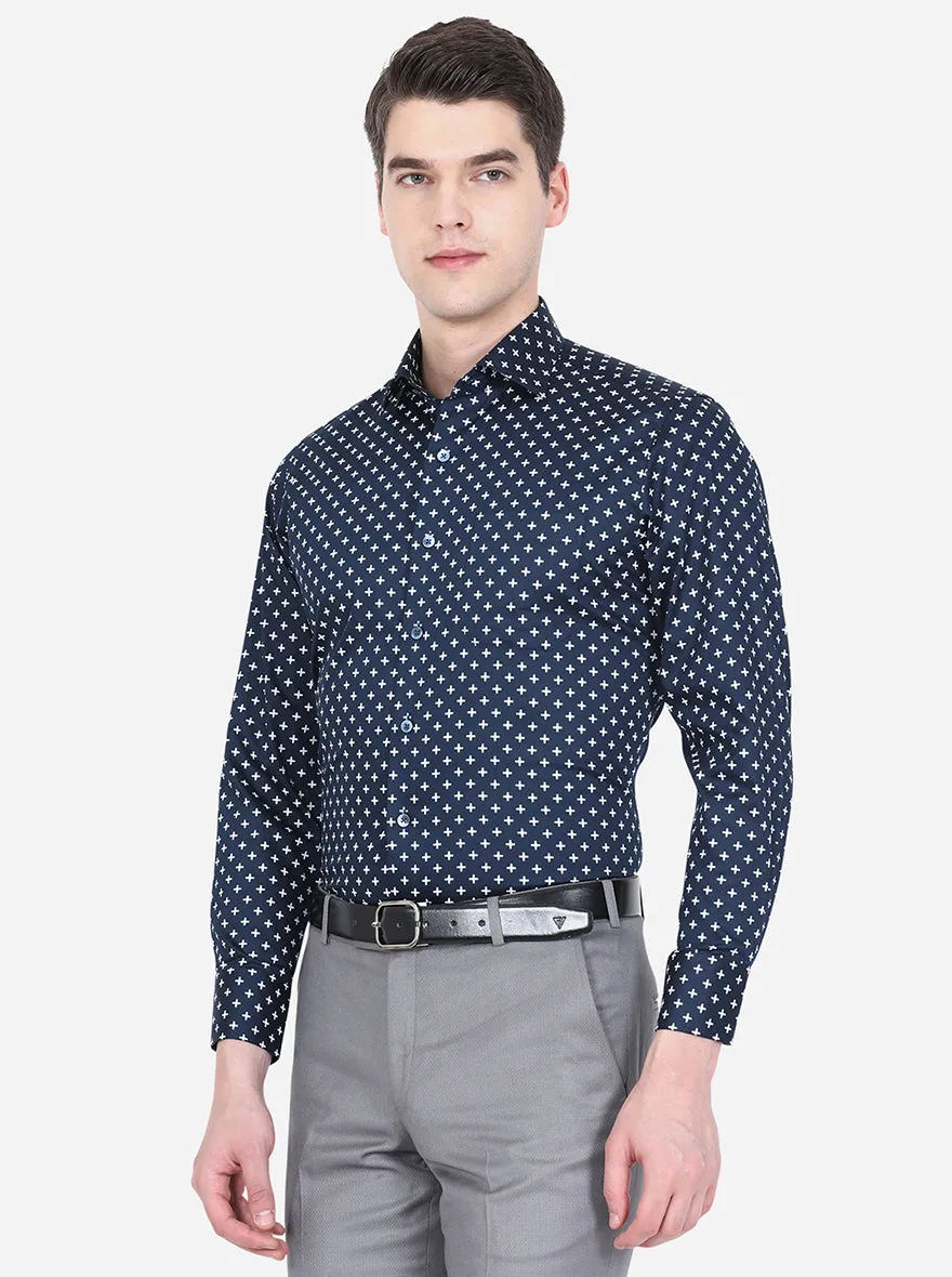 Blue & White Printed Slim Fit Formal Shirt | Metal