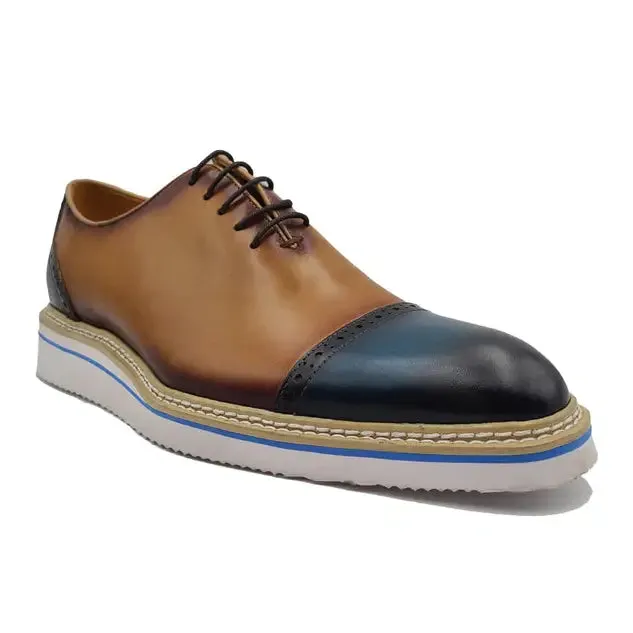 Carrucci Boys Navy & Tan Two Tone Cap Toe Oxford Leather Dress Shoes