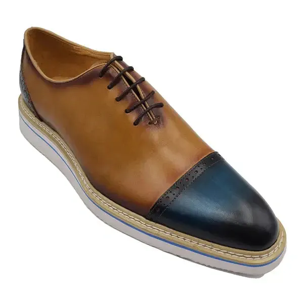 Carrucci Boys Navy & Tan Two Tone Cap Toe Oxford Leather Dress Shoes