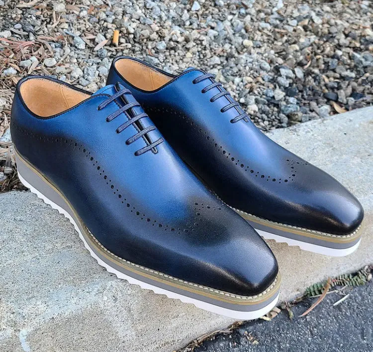 Carrucci Mens Dark Navy/Blue Two Tone Lace-up Oxford Leather Dress Shoes