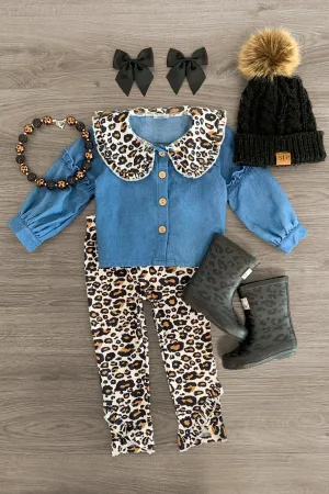 Collared Leopard Long Sleeve Legging Set
