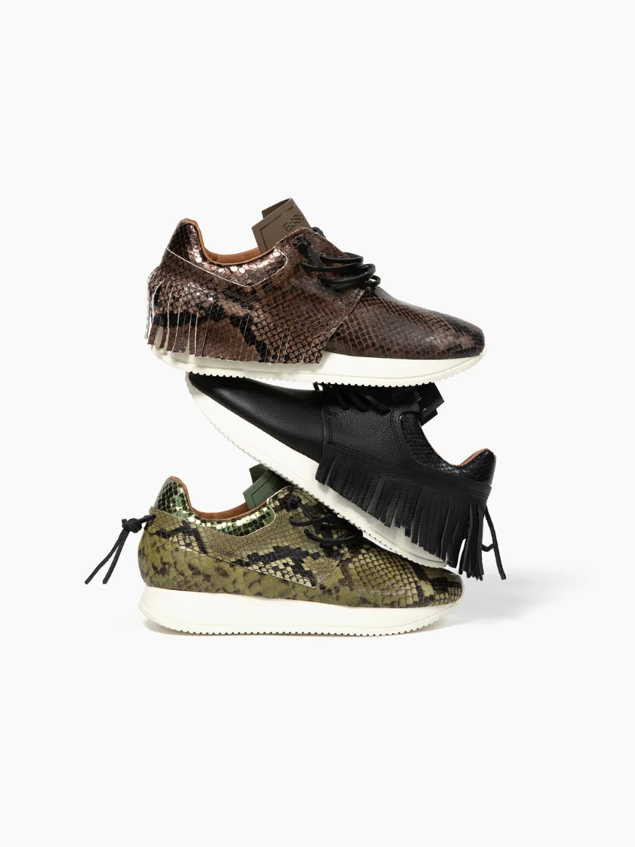 Esseutesse Leather Non Fringe Sneaker - Olive Python
