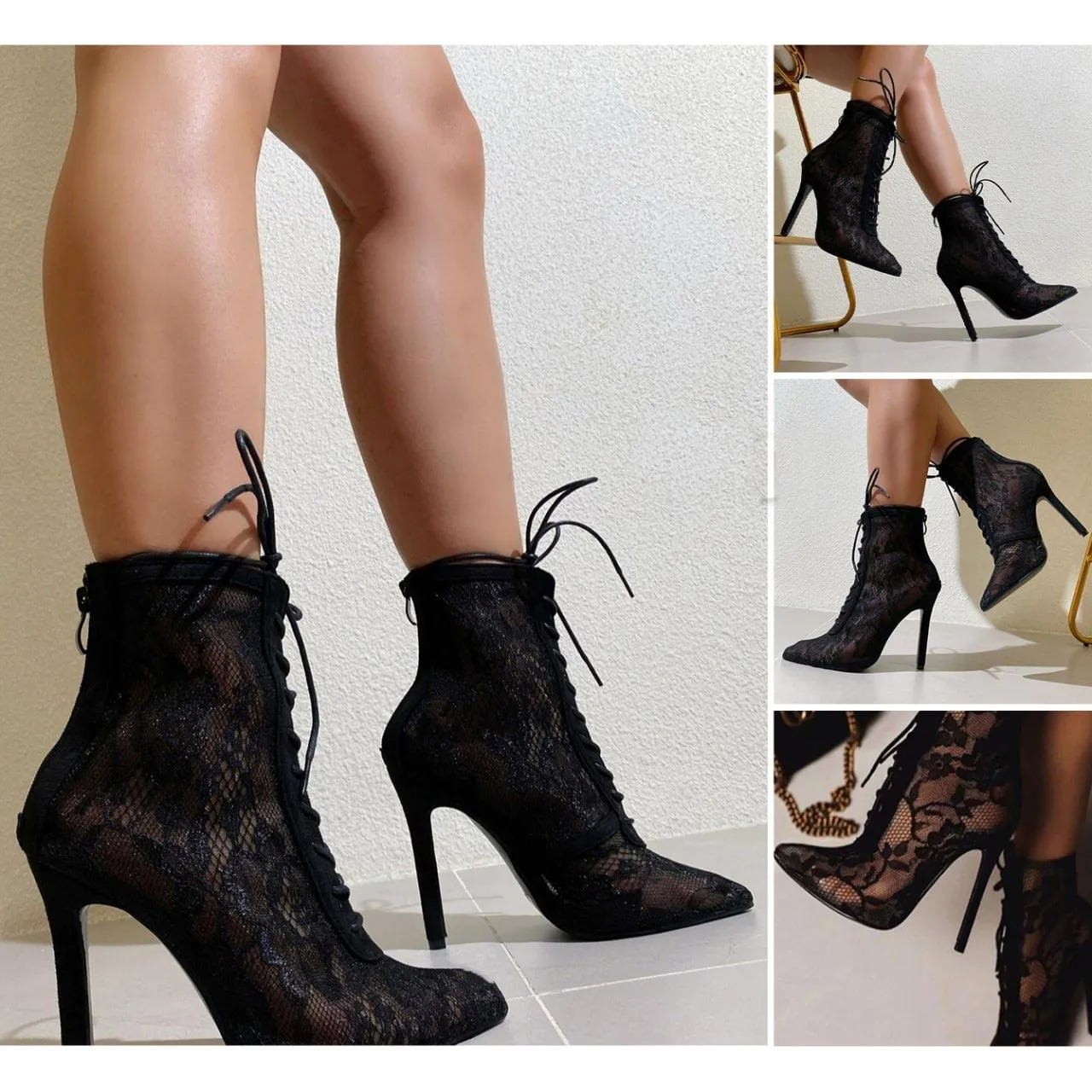 Gothic Mesh Boots, Sexy Lace-Up Thin High Heels For Women