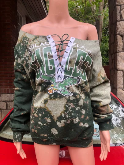 Handmade Philadelphia Eagles Vintage Bird Green Bleached Distressed Lace Up Off Shoulder Sweatshirt