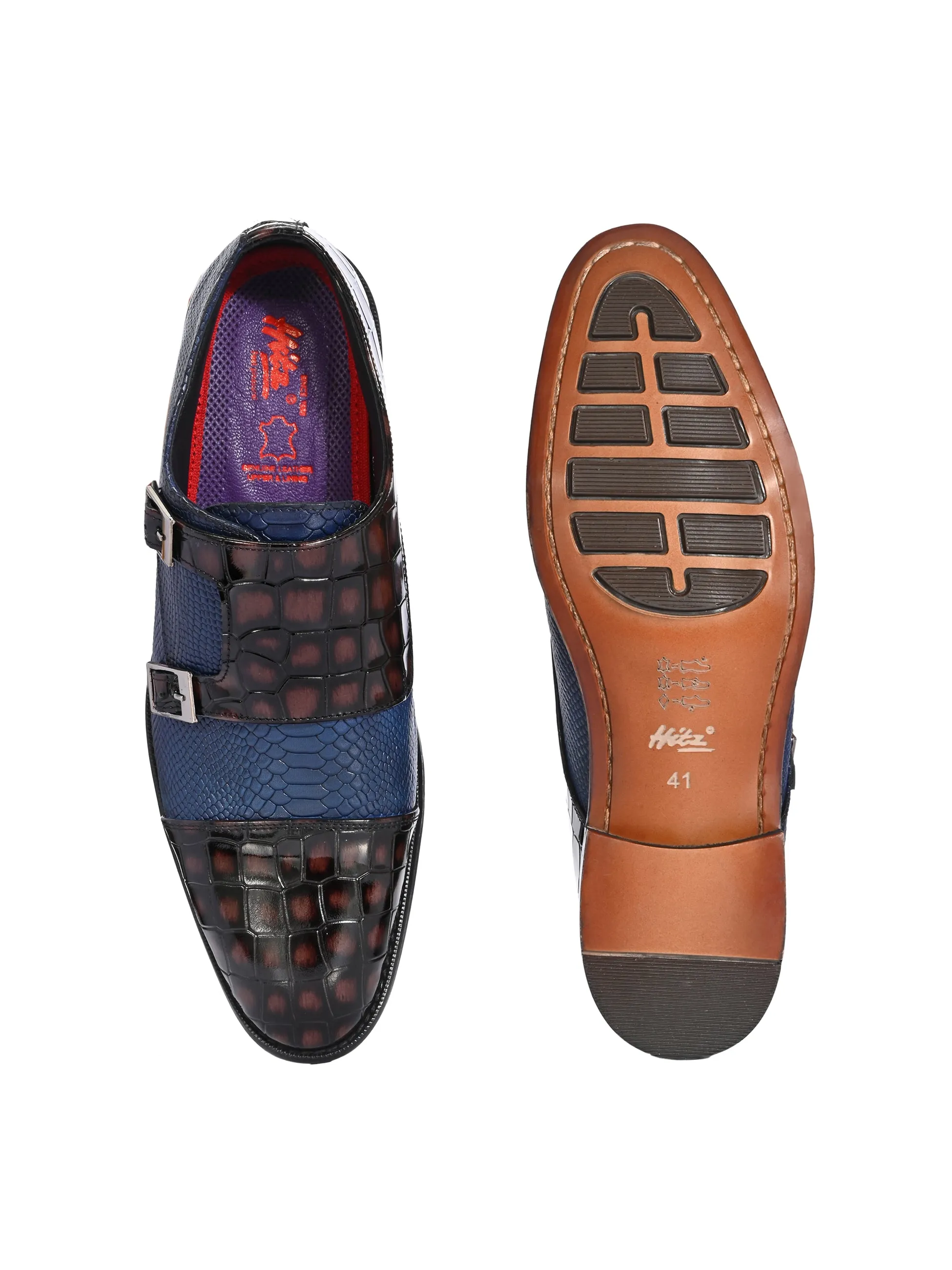 Hitz Men's Blue_Brown Leather Party Wear Monk Shoes