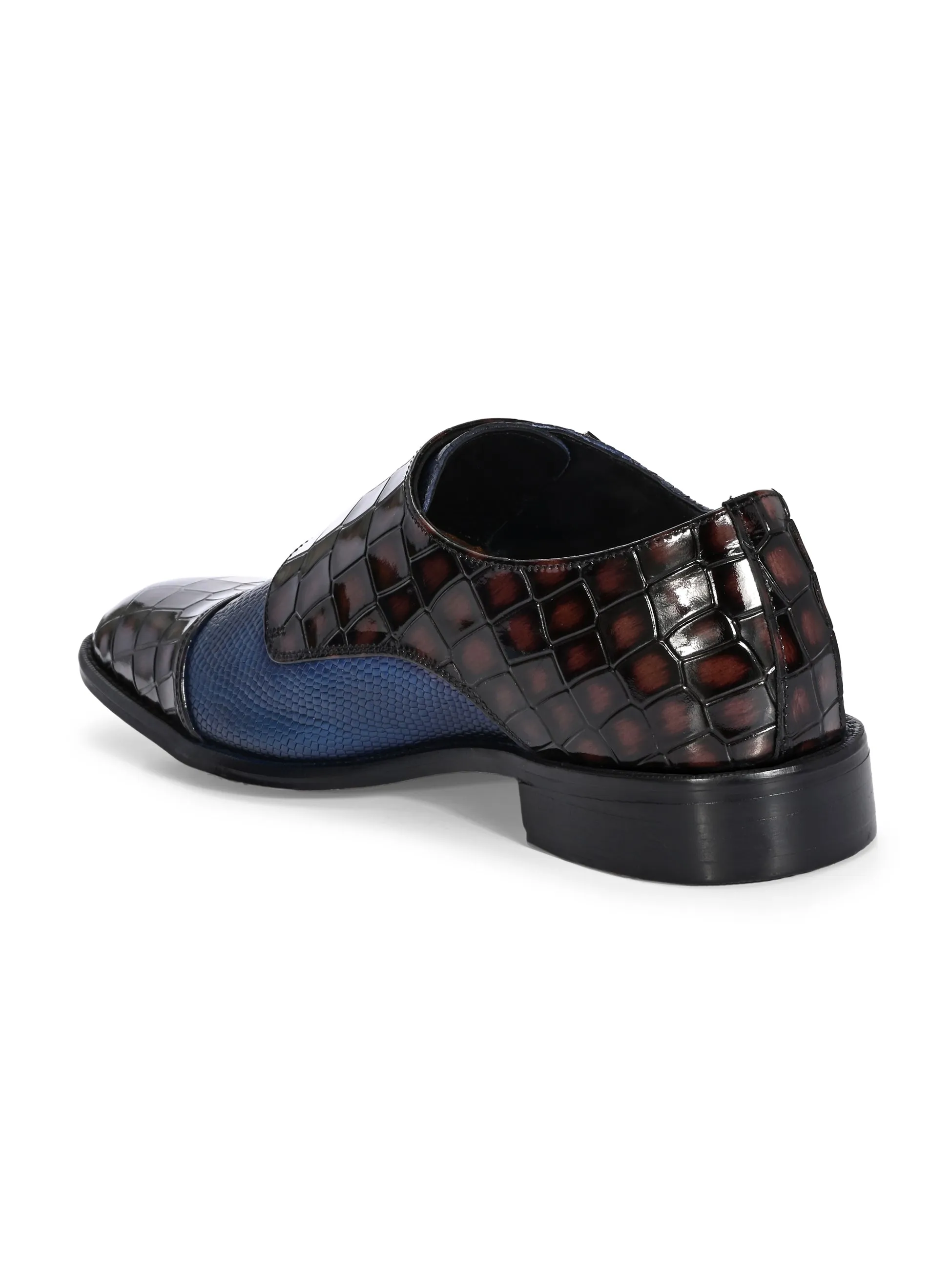 Hitz Men's Blue_Brown Leather Party Wear Monk Shoes