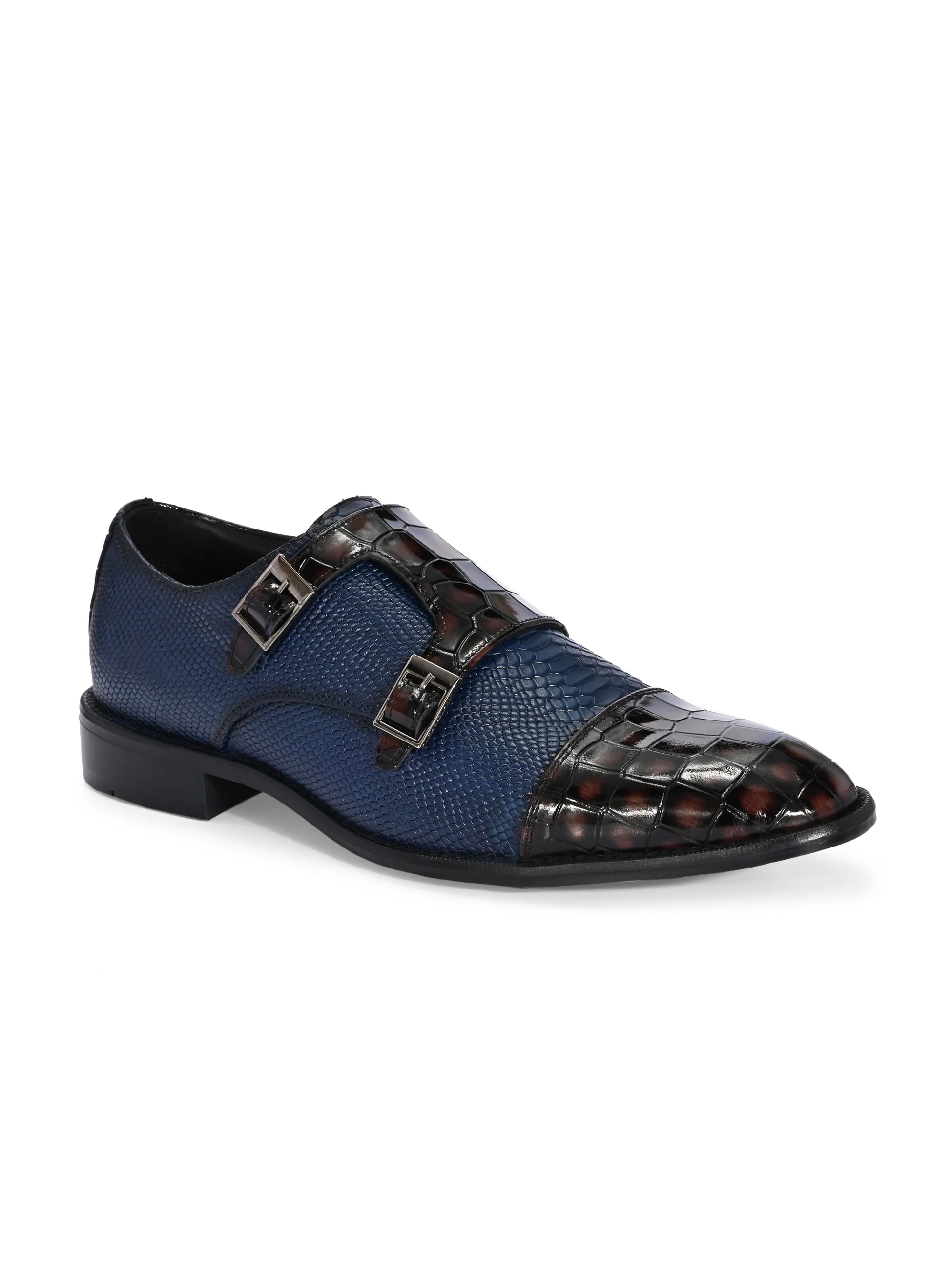 Hitz Men's Blue_Brown Leather Party Wear Monk Shoes