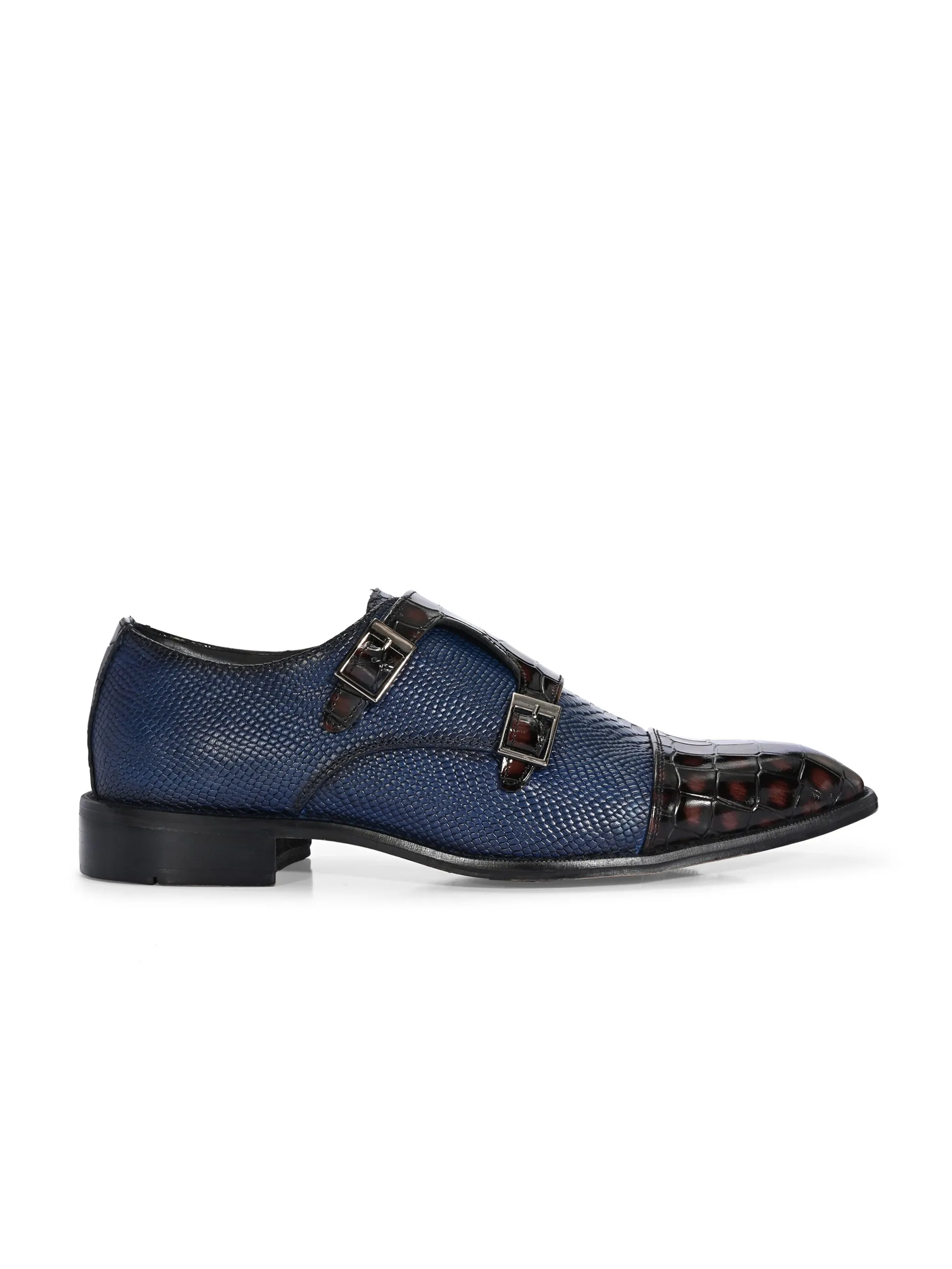 Hitz Men's Blue_Brown Leather Party Wear Monk Shoes
