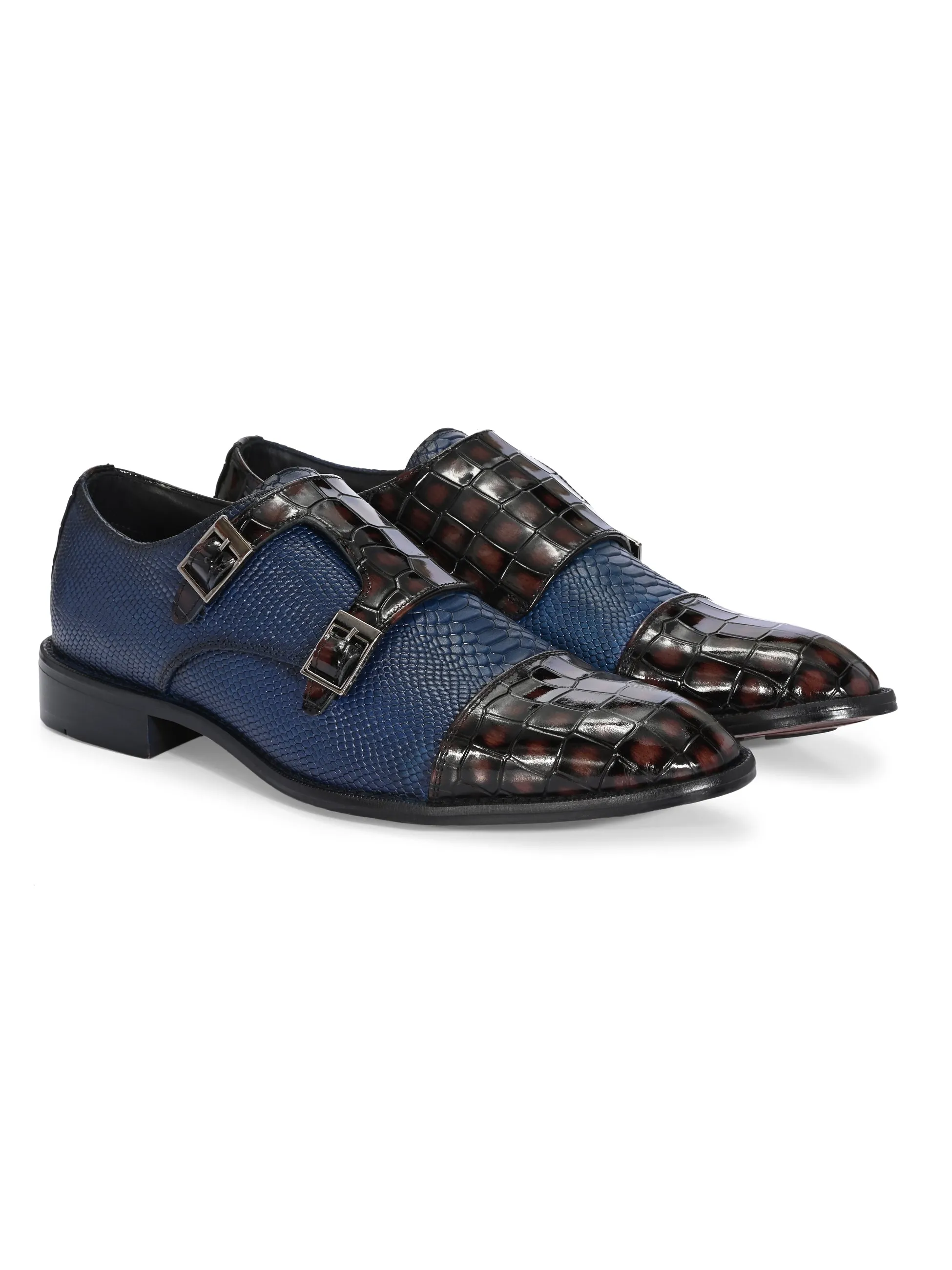 Hitz Men's Blue_Brown Leather Party Wear Monk Shoes