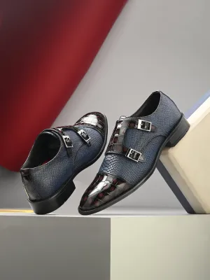 Hitz Men's Blue_Brown Leather Party Wear Monk Shoes