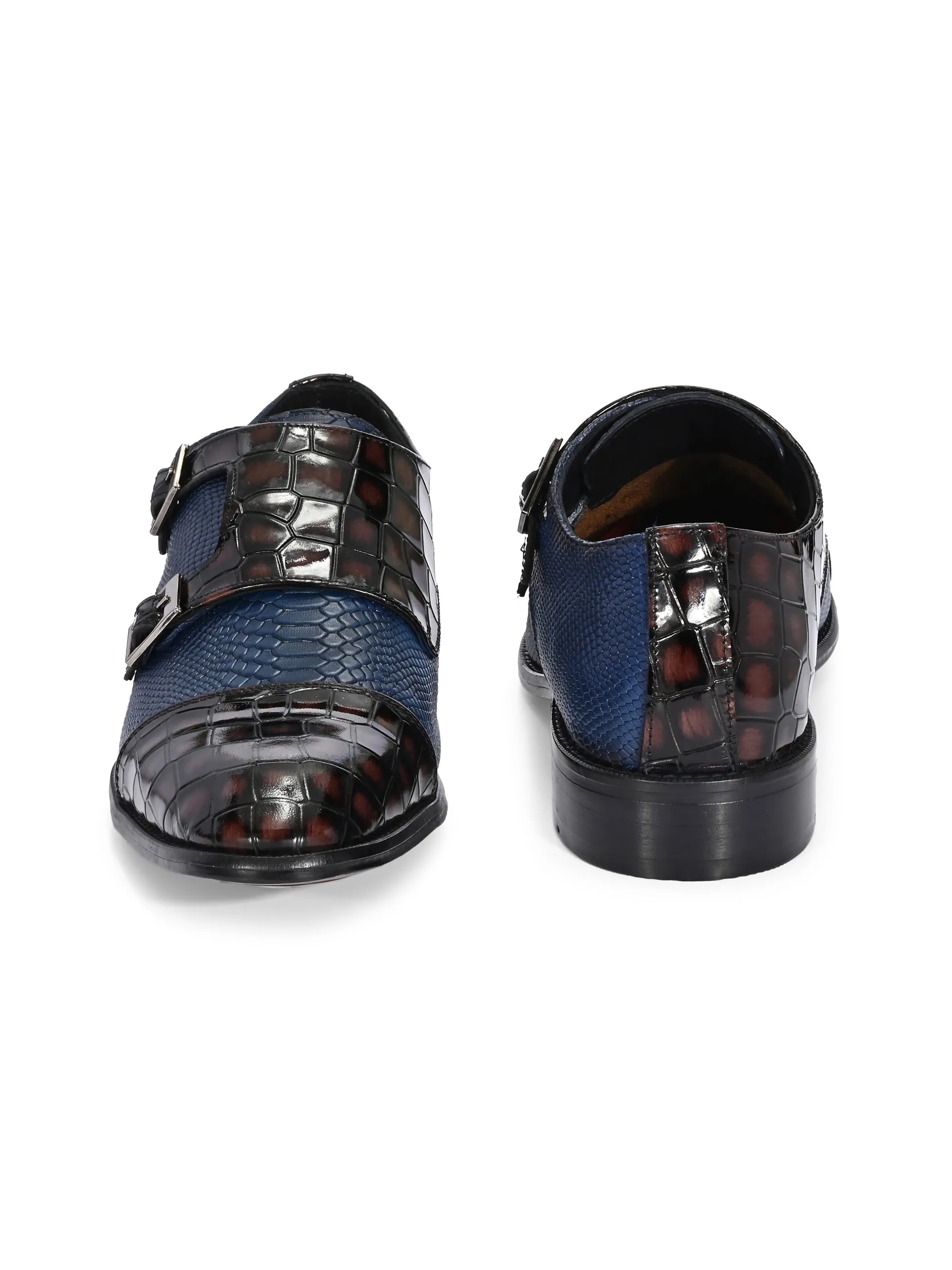 Hitz Men's Blue_Brown Leather Party Wear Monk Shoes