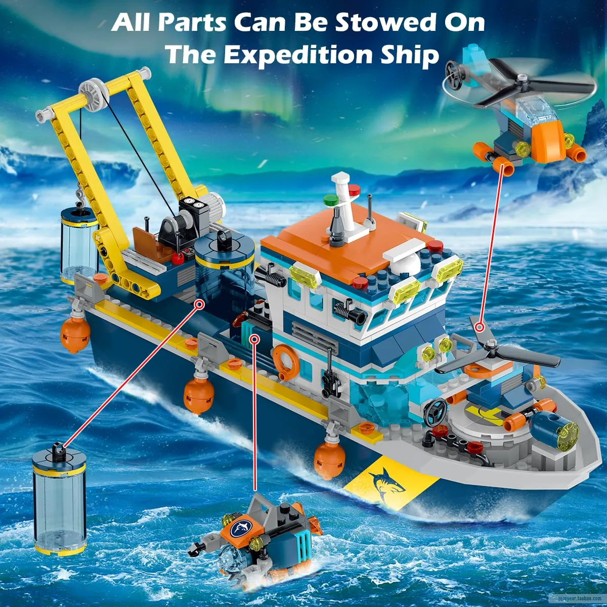 HOGOKIDS City Floatable Boat Building Set with LED Light - Fun Arctic Explorer Ship Building Block Kit Ocean Exploration with Helicopter, Sub, Shark Cage Birthday Gift for 6  Years Old Boys Girls Kids