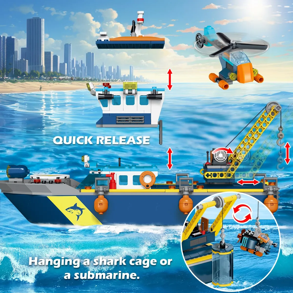 HOGOKIDS City Floatable Boat Building Set with LED Light - Fun Arctic Explorer Ship Building Block Kit Ocean Exploration with Helicopter, Sub, Shark Cage Birthday Gift for 6  Years Old Boys Girls Kids