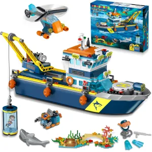HOGOKIDS City Floatable Boat Building Set with LED Light - Fun Arctic Explorer Ship Building Block Kit Ocean Exploration with Helicopter, Sub, Shark Cage Birthday Gift for 6  Years Old Boys Girls Kids