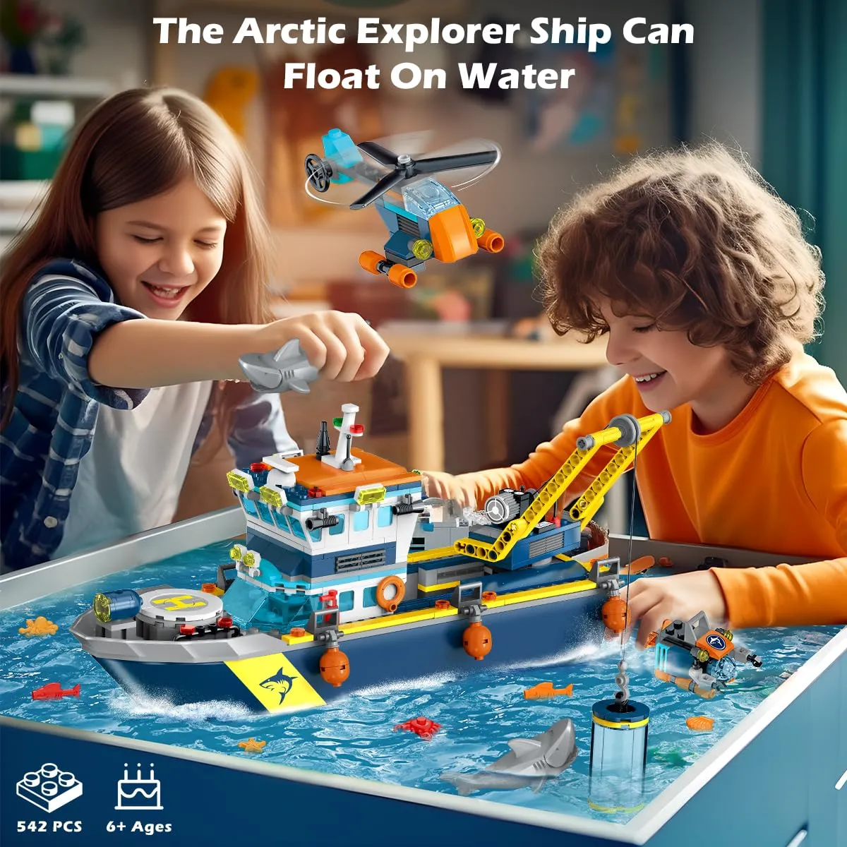HOGOKIDS City Floatable Boat Building Set with LED Light - Fun Arctic Explorer Ship Building Block Kit Ocean Exploration with Helicopter, Sub, Shark Cage Birthday Gift for 6  Years Old Boys Girls Kids