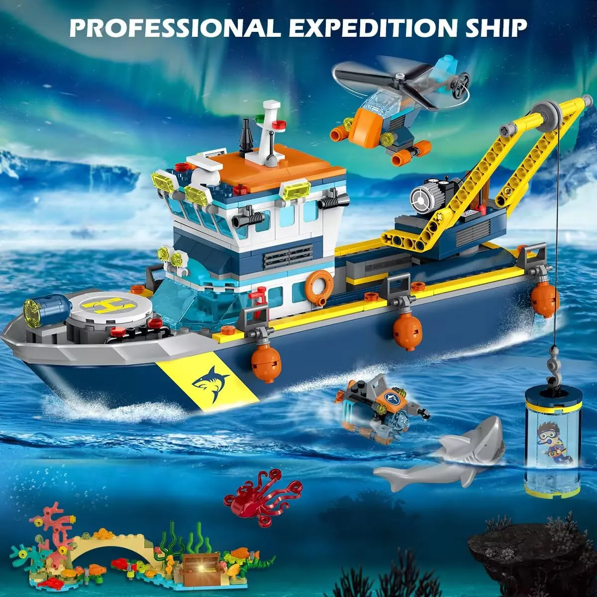 HOGOKIDS City Floatable Boat Building Set with LED Light - Fun Arctic Explorer Ship Building Block Kit Ocean Exploration with Helicopter, Sub, Shark Cage Birthday Gift for 6  Years Old Boys Girls Kids