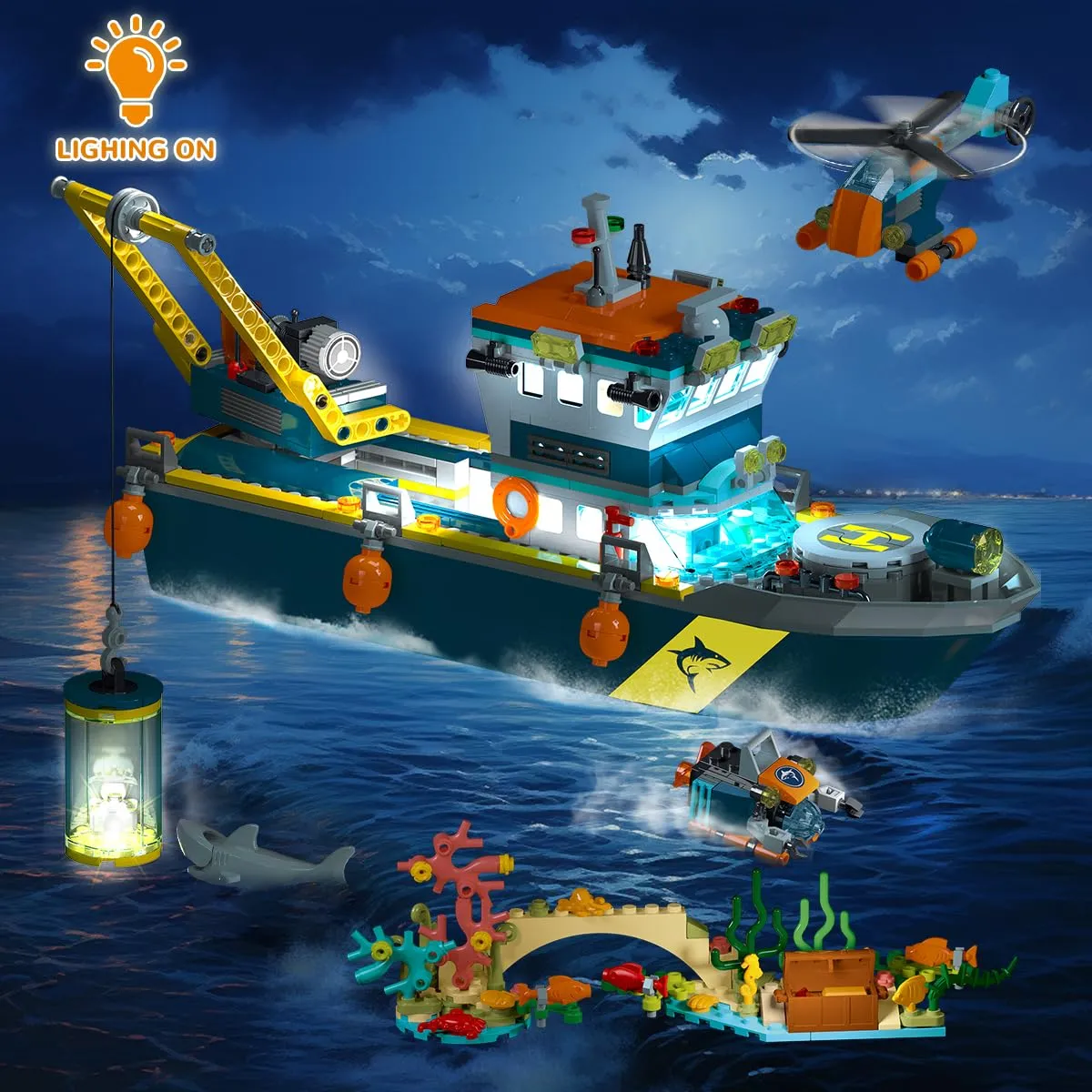 HOGOKIDS City Floatable Boat Building Set with LED Light - Fun Arctic Explorer Ship Building Block Kit Ocean Exploration with Helicopter, Sub, Shark Cage Birthday Gift for 6  Years Old Boys Girls Kids