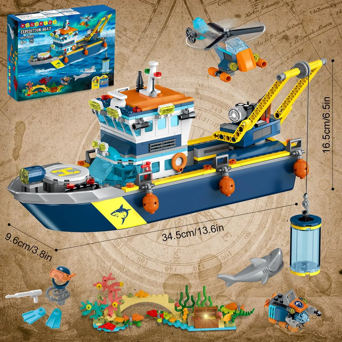 HOGOKIDS City Floatable Boat Building Set with LED Light - Fun Arctic Explorer Ship Building Block Kit Ocean Exploration with Helicopter, Sub, Shark Cage Birthday Gift for 6  Years Old Boys Girls Kids