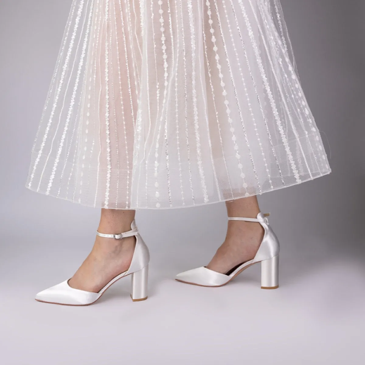 Ivory Satin Block Heel Wedding Shoe with Ankle Strap By Perfect Bridal, Liberty