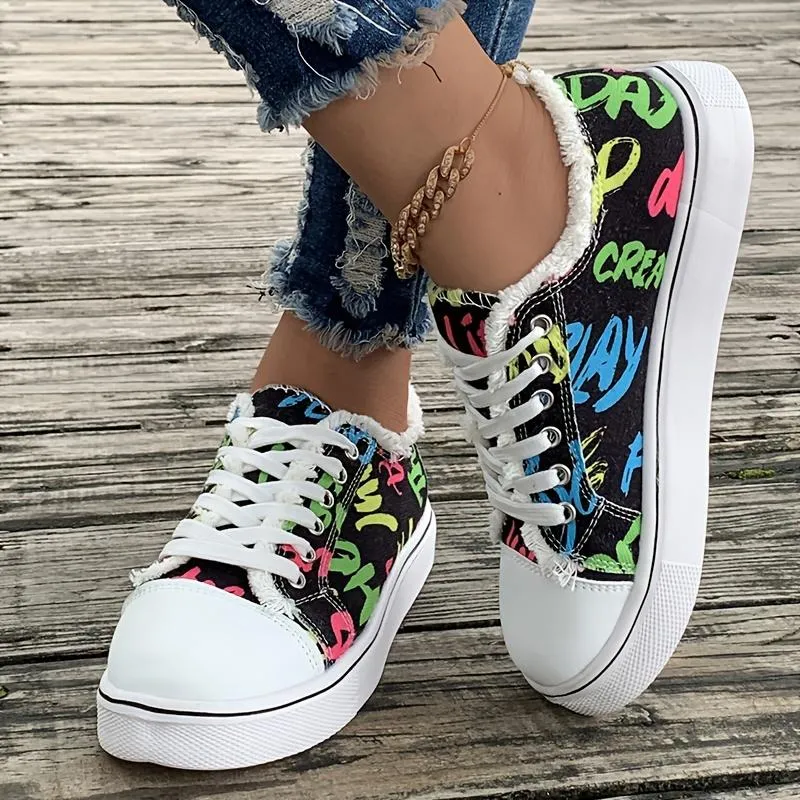 Letter Print Canvas Shoes Lace Up Flat Trainers