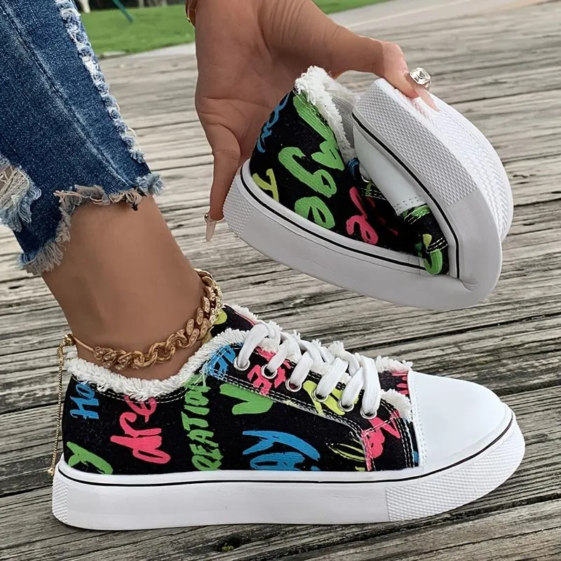Letter Print Canvas Shoes Lace Up Flat Trainers