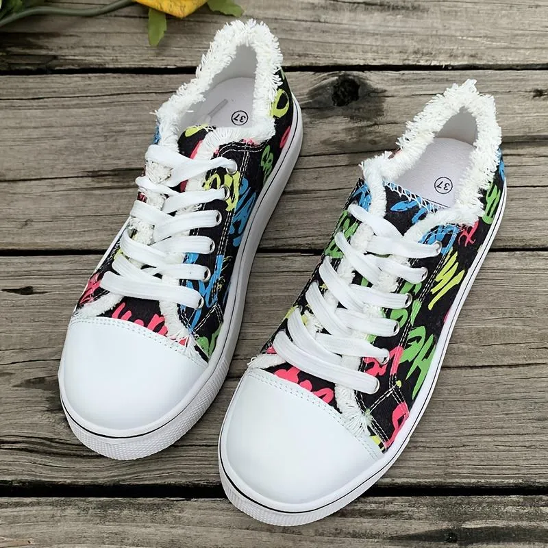 Letter Print Canvas Shoes Lace Up Flat Trainers