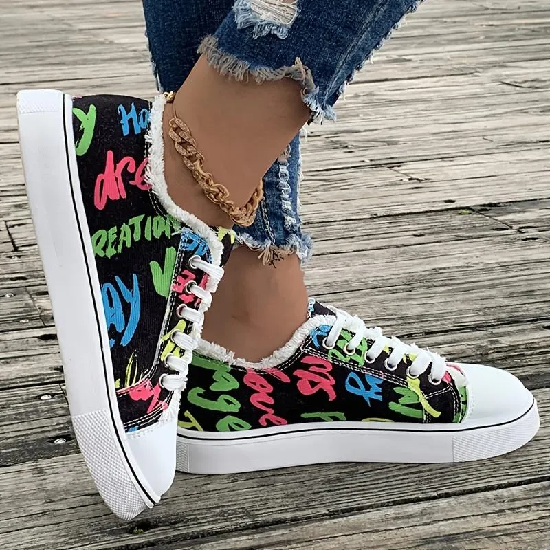 Letter Print Canvas Shoes Lace Up Flat Trainers
