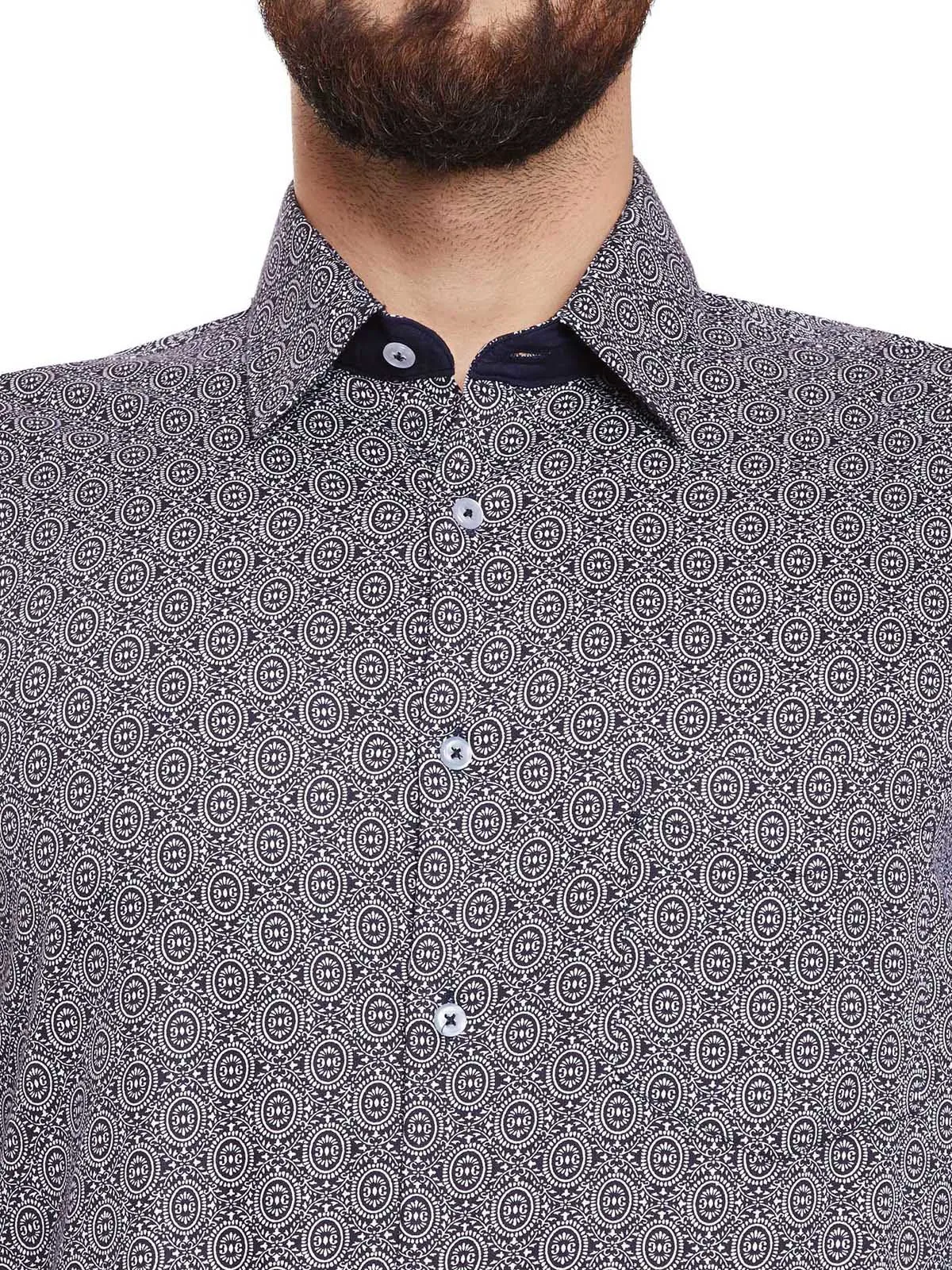 Men Navy and White Print Pure Cotton Slim Fit Formal Shirt
