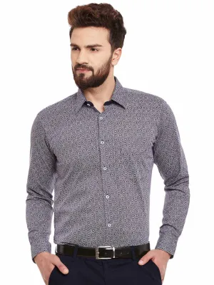 Men Navy and White Print Pure Cotton Slim Fit Formal Shirt