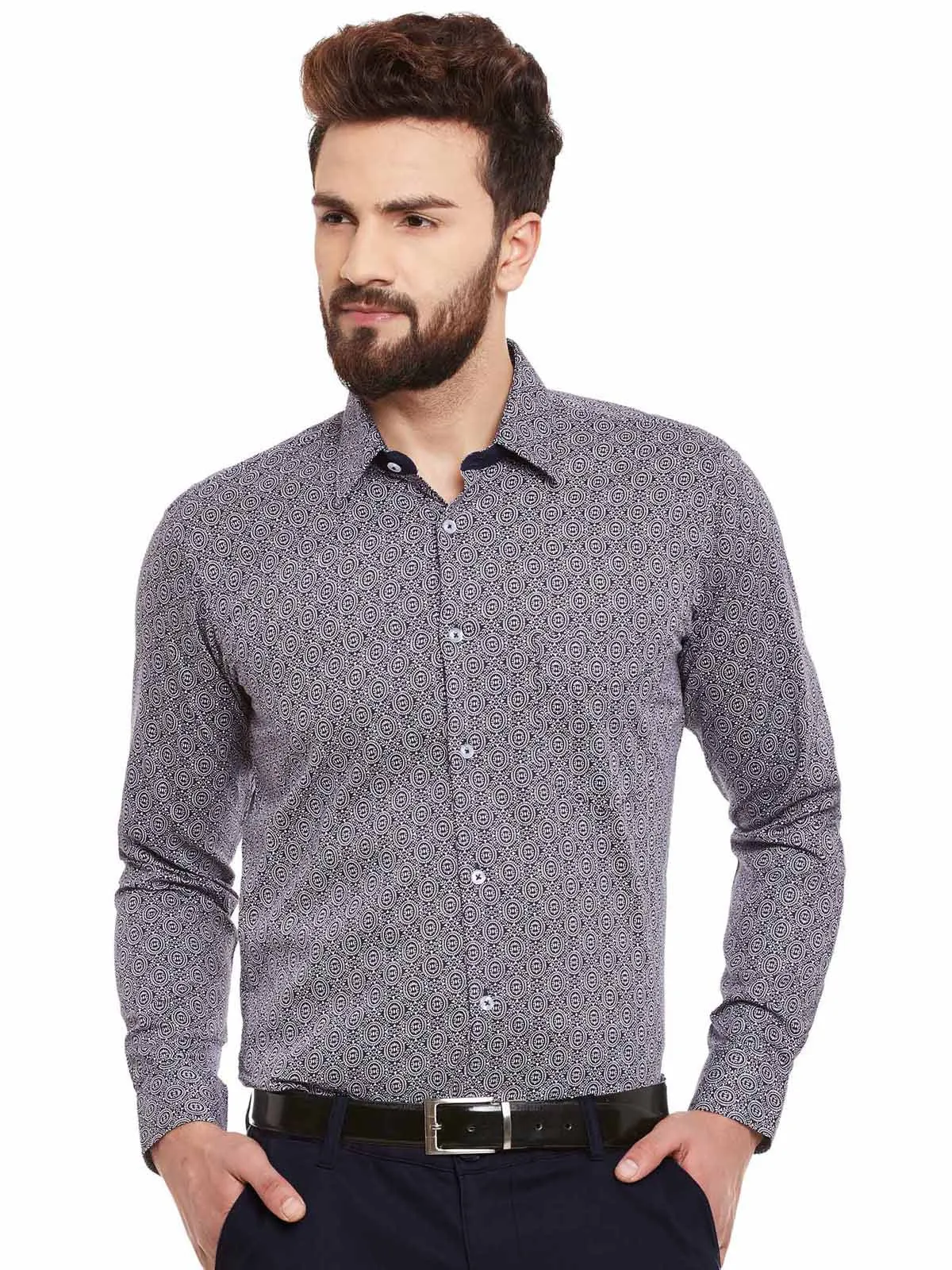 Men Navy and White Print Pure Cotton Slim Fit Formal Shirt