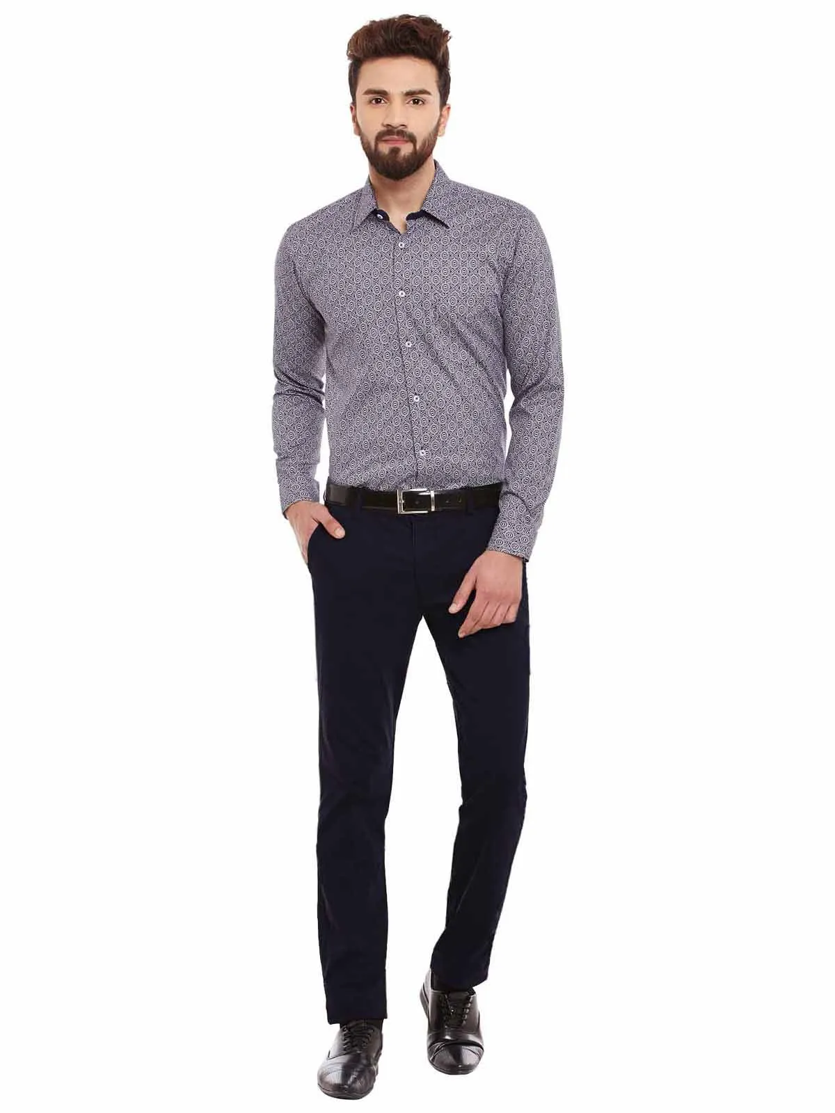 Men Navy and White Print Pure Cotton Slim Fit Formal Shirt