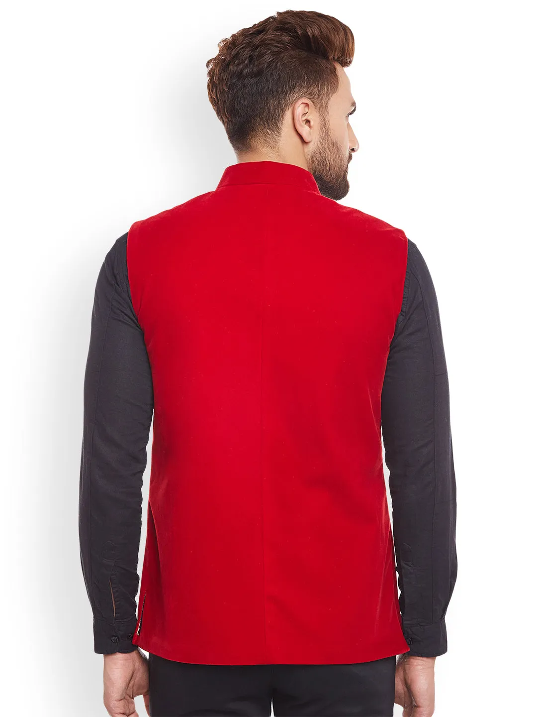 Men Red Solid Velvet Slim Fit  Nehru Jacket