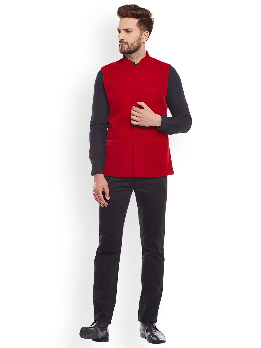 Men Red Solid Velvet Slim Fit  Nehru Jacket
