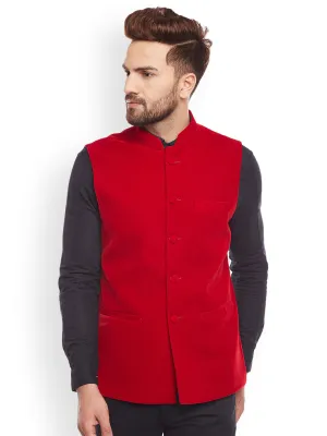 Men Red Solid Velvet Slim Fit  Nehru Jacket