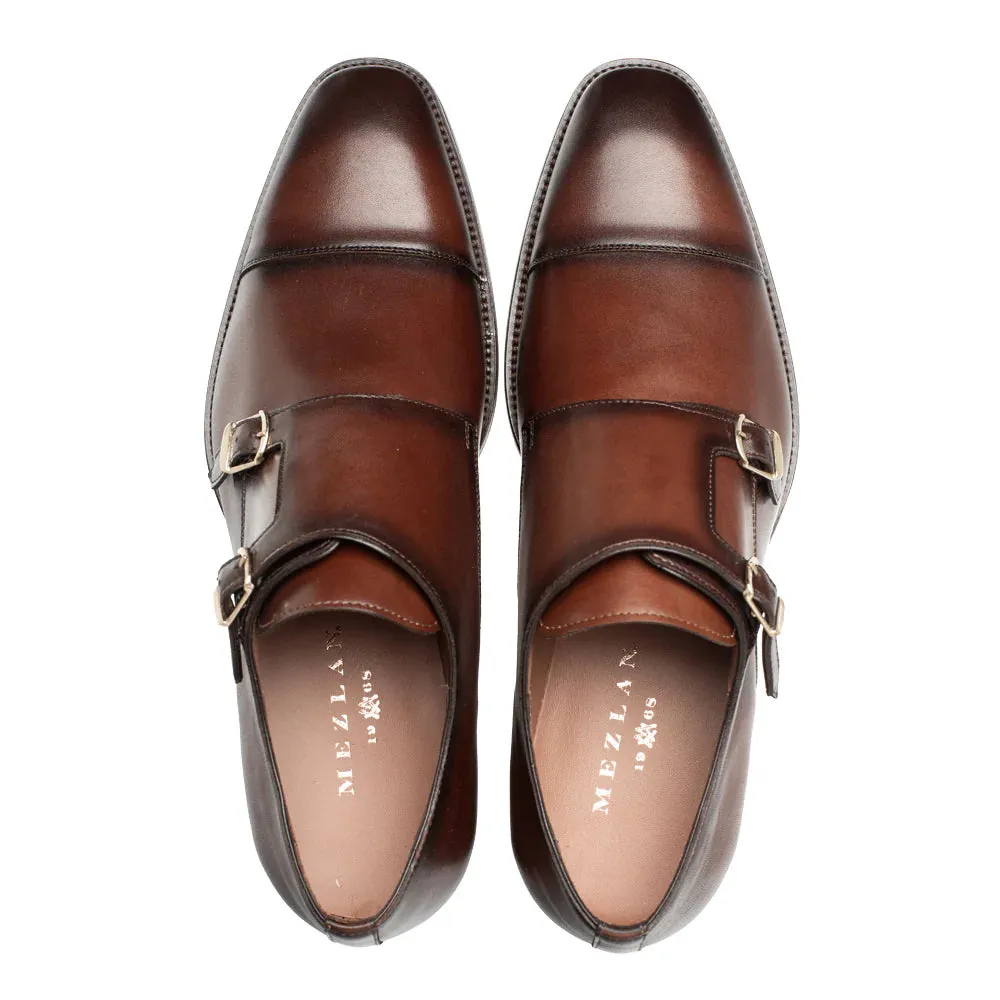 Mezlan Mens Chocolate Brown Cap Toe Double Monk Strap Leather Dress Shoes