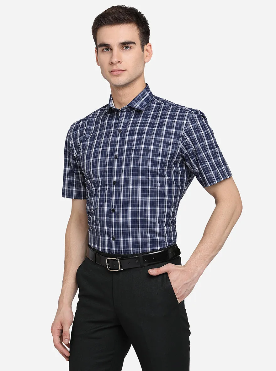 Navy Blue & White Checked Regular Fit Formal Shirt | Greenfibre